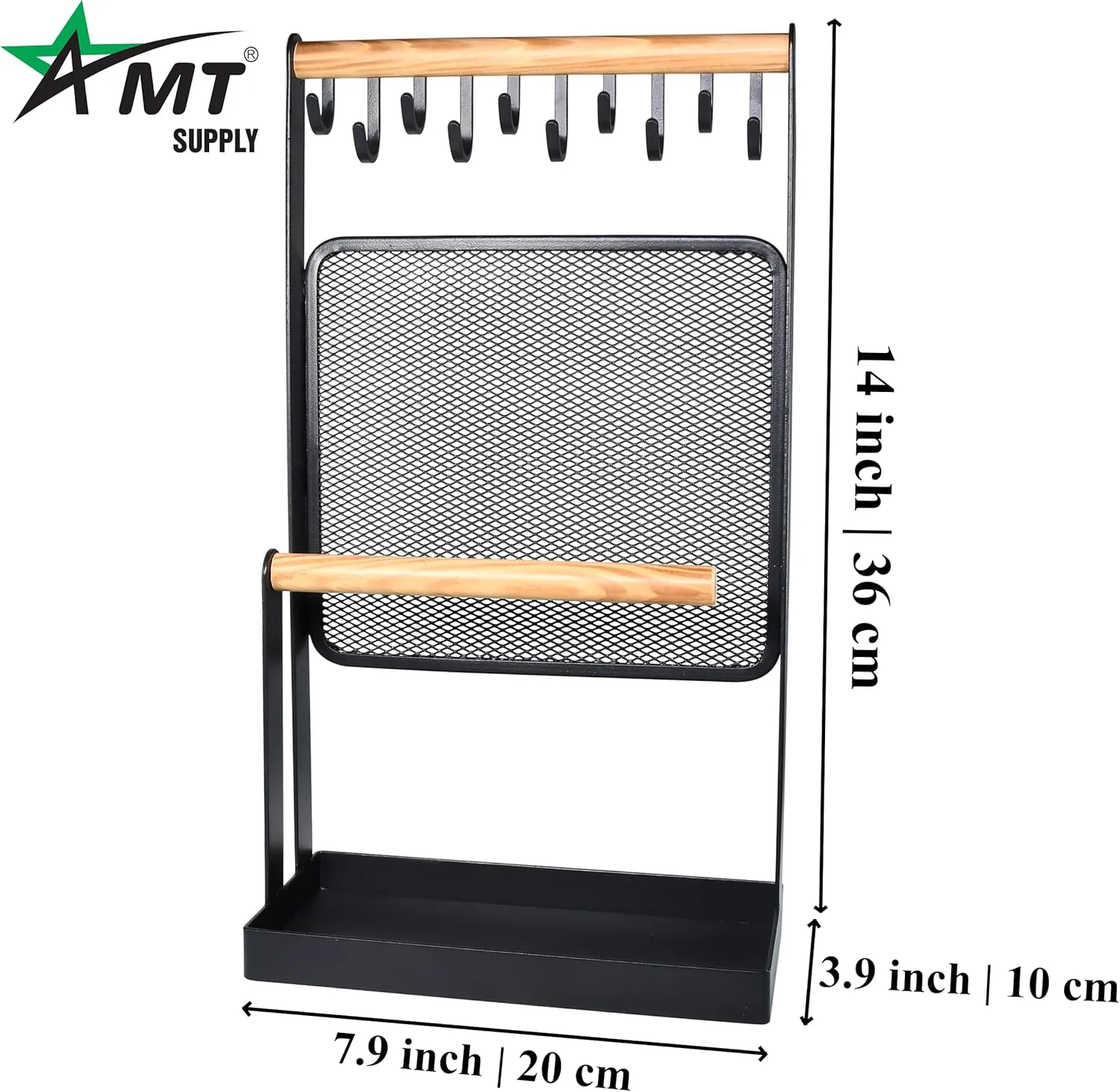 AMT Jewelry Organizer Stand, White Metal, 14" Extra Tall | Earrings, Necklace & Bracelet Holder Organizer Display (Natural Wood & Metal Black, 10 Hooks - Mesh)
