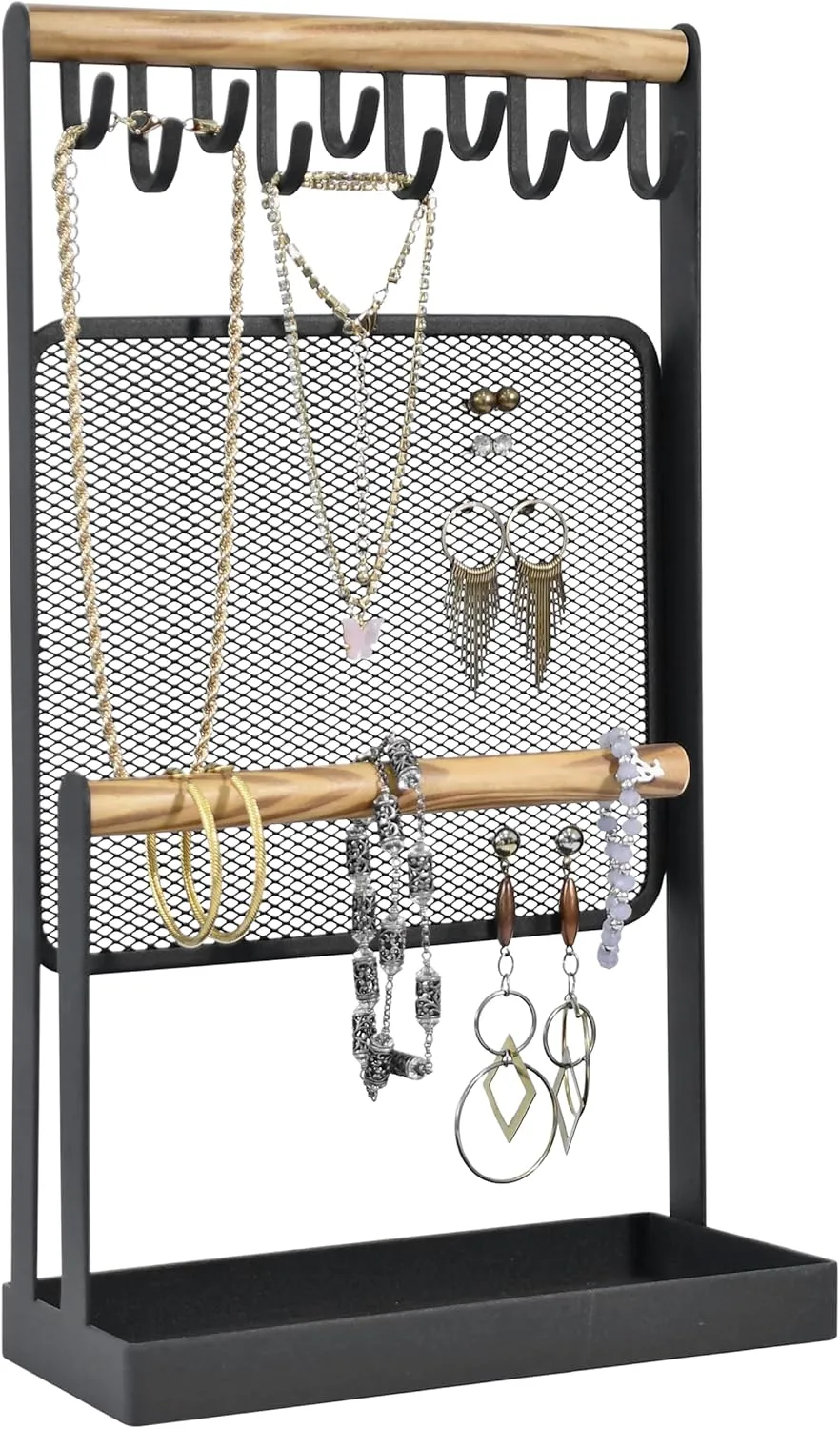 AMT Jewelry Organizer Stand, White Metal, 14" Extra Tall | Earrings, Necklace & Bracelet Holder Organizer Display (Natural Wood & Metal Black, 10 Hooks - Mesh)