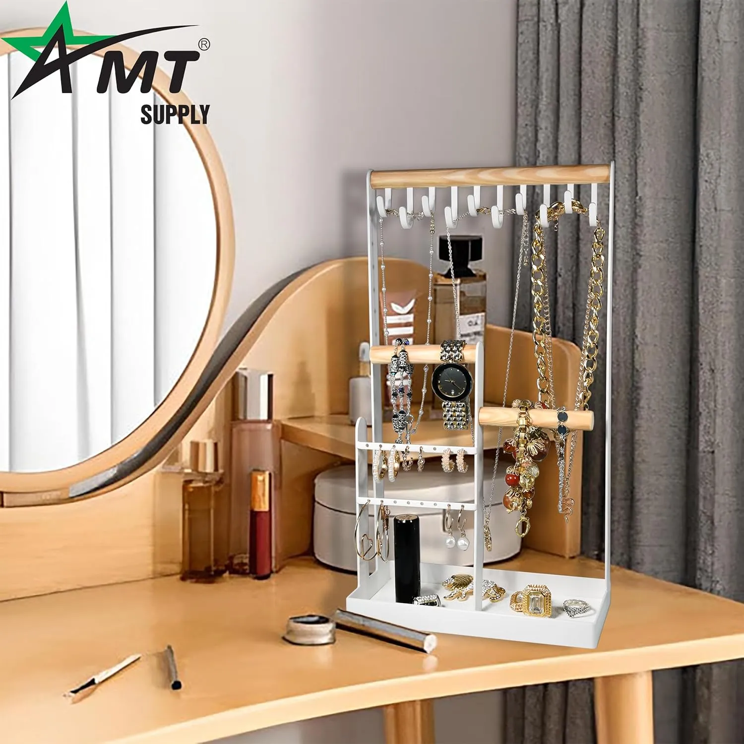 AMT Jewelry Organizer Stand, White Metal, 14" Extra Tall | Earrings, Necklace & Bracelet Holder Organizer Display (Natural Wood & White Metal, 10 Hooks)