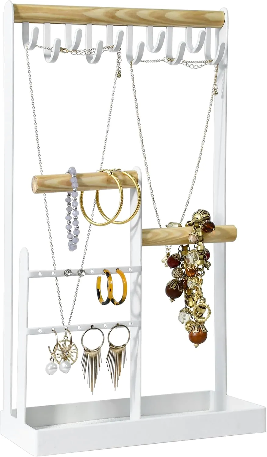 AMT Jewelry Organizer Stand, White Metal, 14" Extra Tall | Earrings, Necklace & Bracelet Holder Organizer Display (Natural Wood & White Metal, 10 Hooks)