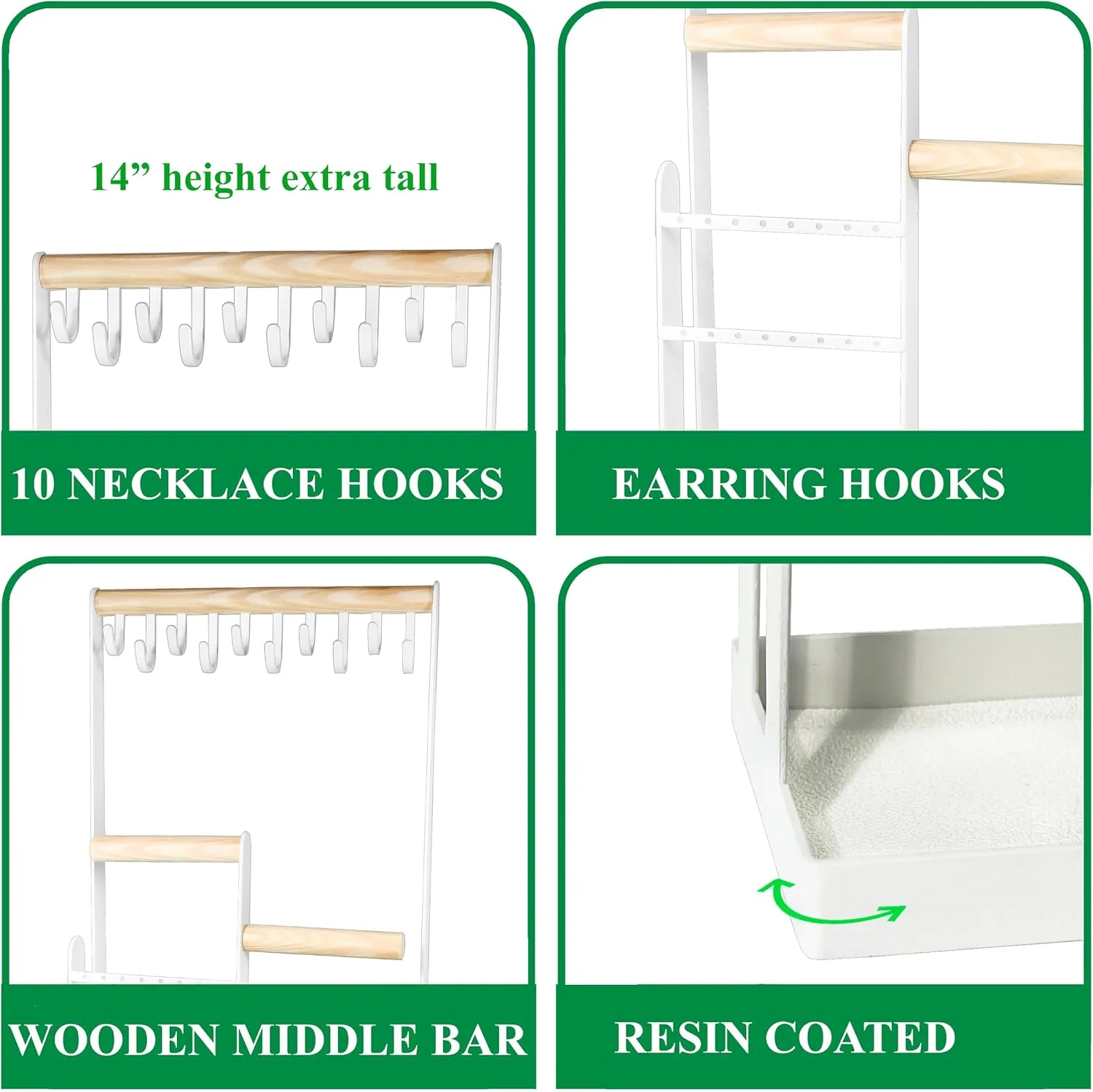 AMT Jewelry Organizer Stand, White Metal, 14" Extra Tall | Earrings, Necklace & Bracelet Holder Organizer Display (Natural Wood & White Metal, 10 Hooks)