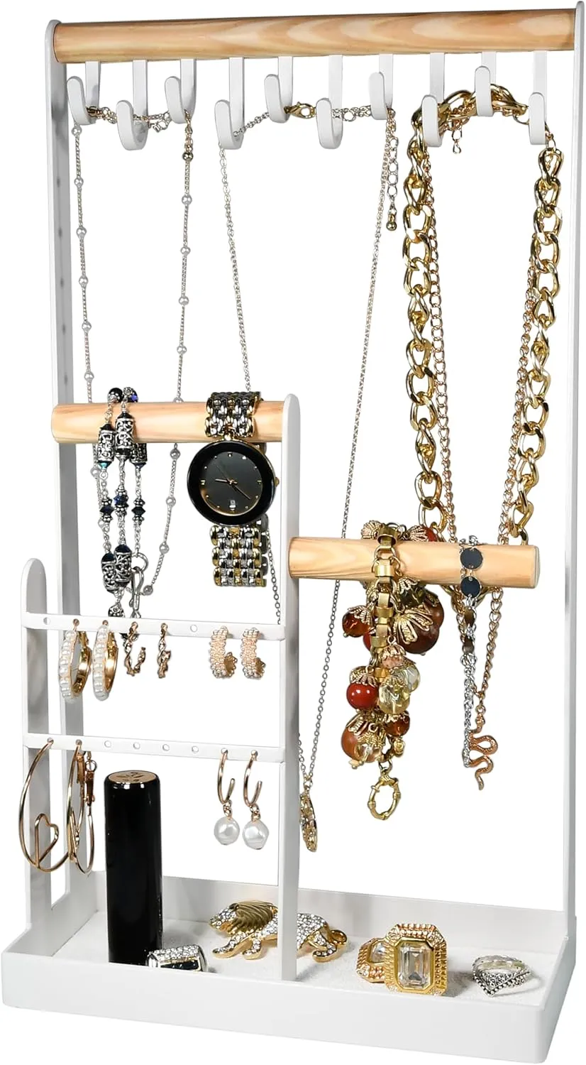AMT Jewelry Organizer Stand, White Metal, 14" Extra Tall | Earrings, Necklace & Bracelet Holder Organizer Display (Natural Wood & White Metal, 10 Hooks)