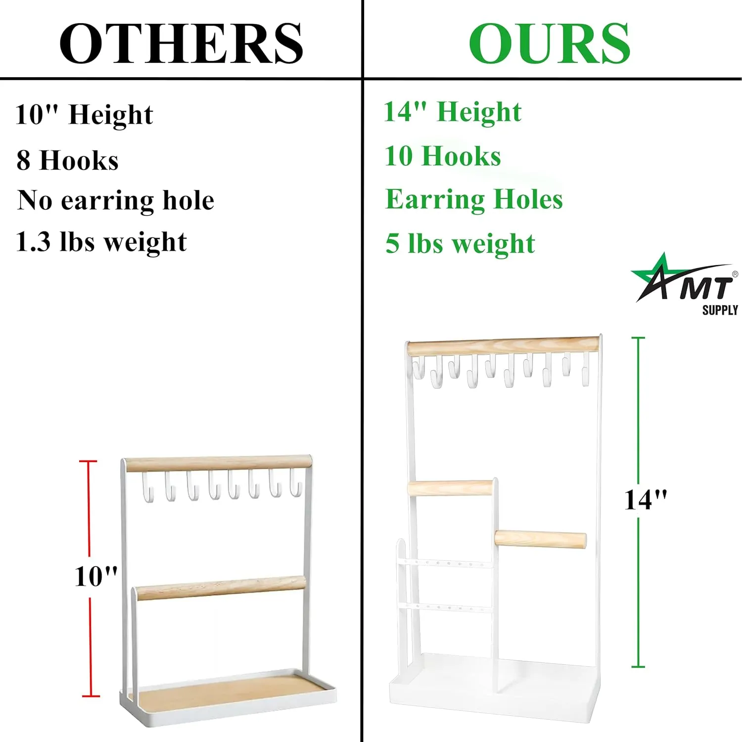 AMT Jewelry Organizer Stand, White Metal, 14" Extra Tall | Earrings, Necklace & Bracelet Holder Organizer Display (Natural Wood & White Metal, 10 Hooks)