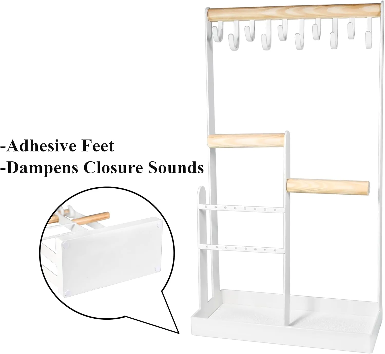 AMT Jewelry Organizer Stand, White Metal, 14" Extra Tall | Earrings, Necklace & Bracelet Holder Organizer Display (Natural Wood & White Metal, 10 Hooks)