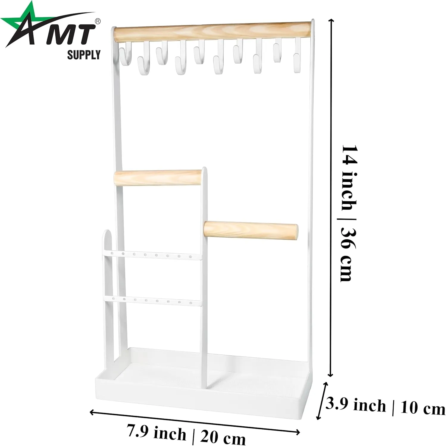 AMT Jewelry Organizer Stand, White Metal, 14" Extra Tall | Earrings, Necklace & Bracelet Holder Organizer Display (Natural Wood & White Metal, 10 Hooks)