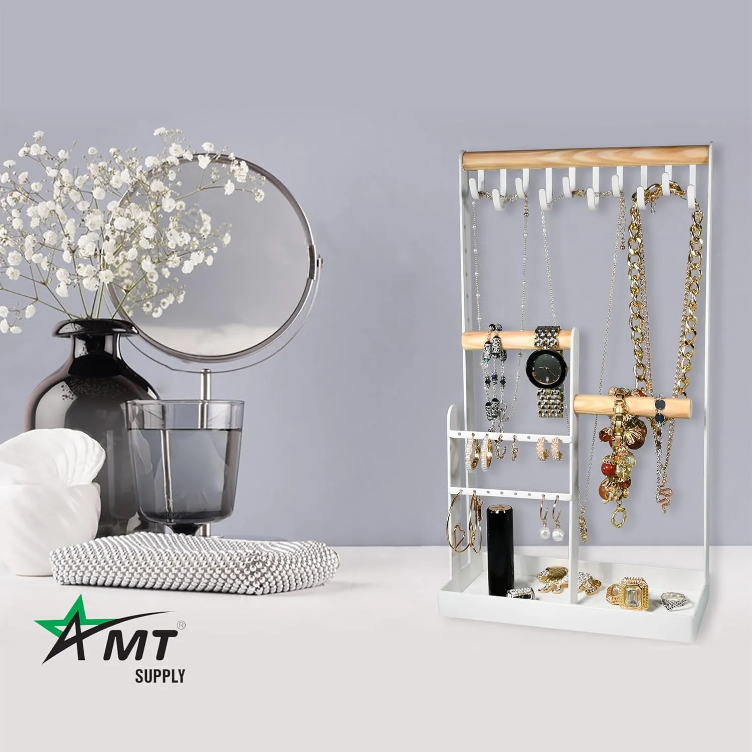 AMT Jewelry Organizer Stand, White Metal, 14" Extra Tall | Earrings, Necklace & Bracelet Holder Organizer Display (Natural Wood & White Metal, 10 Hooks)