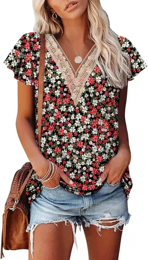 Angerella Short Sleeve Lace V Neck Shirts for Women Floral Print Tunic Tops Blouses