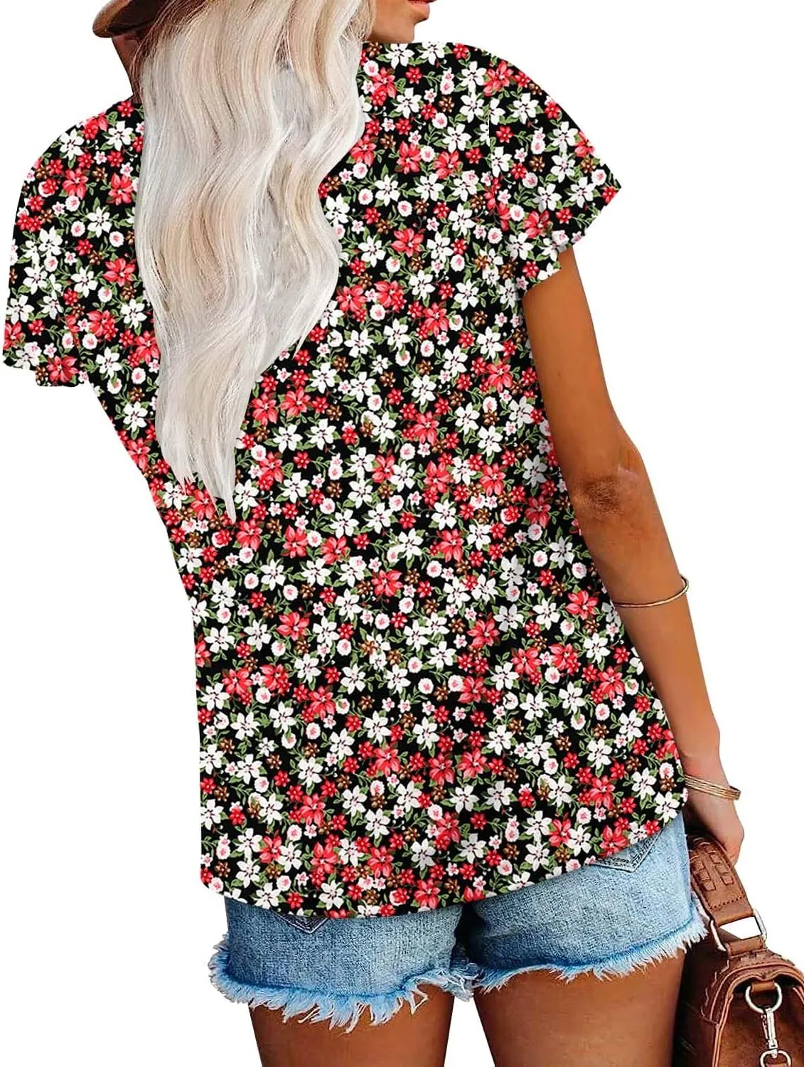 Angerella Short Sleeve Lace V Neck Shirts for Women Floral Print Tunic Tops Blouses