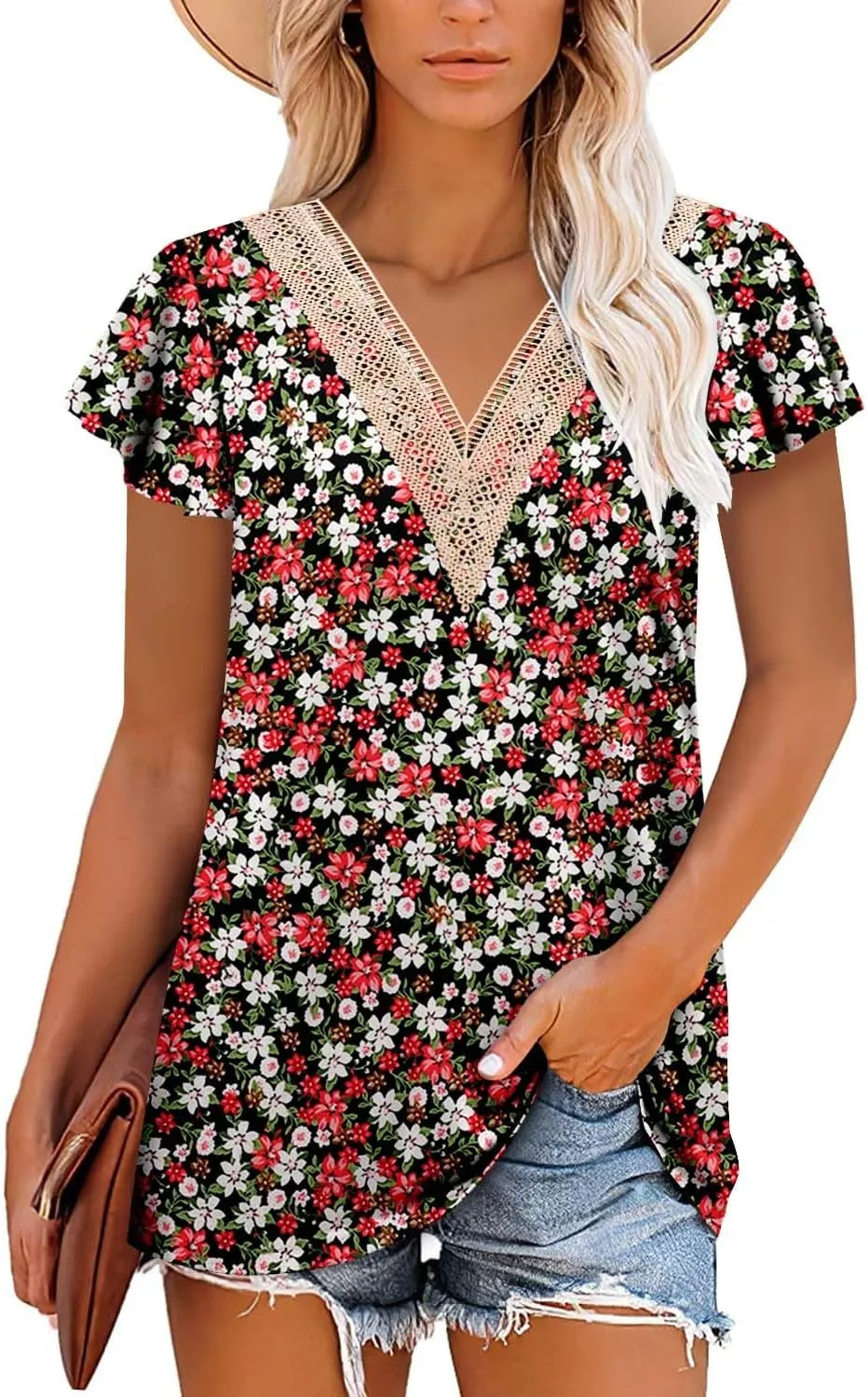 Angerella Short Sleeve Lace V Neck Shirts for Women Floral Print Tunic Tops Blouses