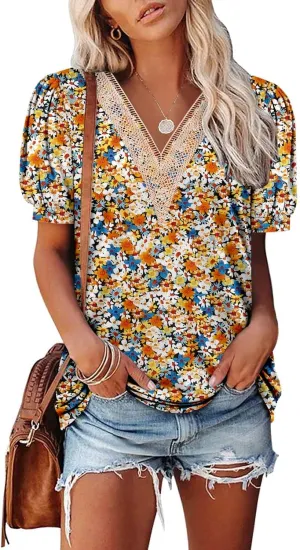 Angerella Short Sleeve Lace V Neck Shirts for Women Floral Print Tunic Tops Blouses