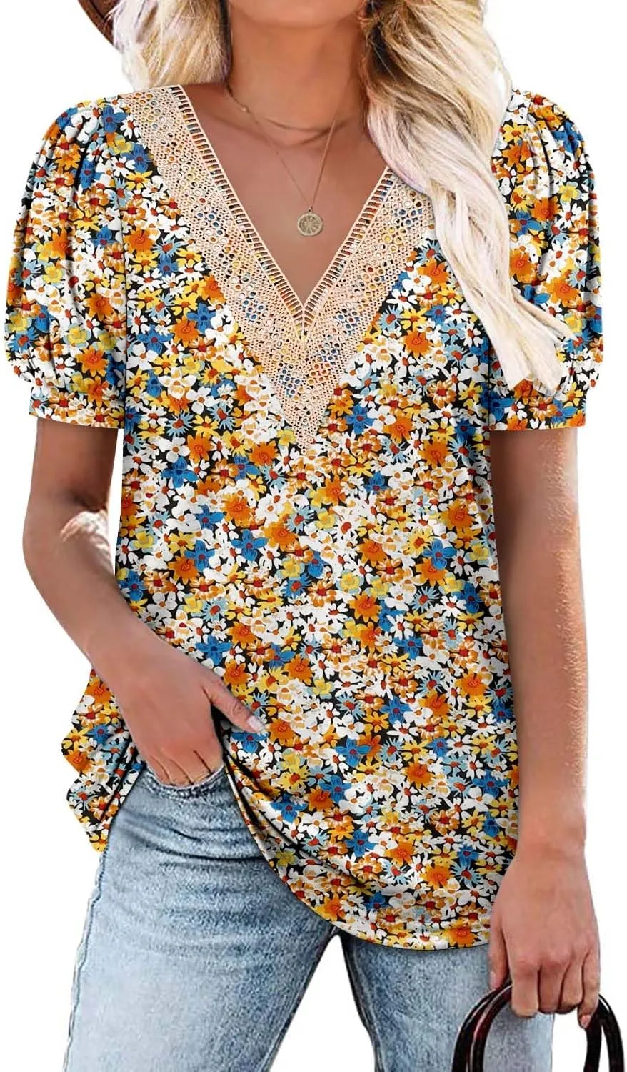 Angerella Short Sleeve Lace V Neck Shirts for Women Floral Print Tunic Tops Blouses