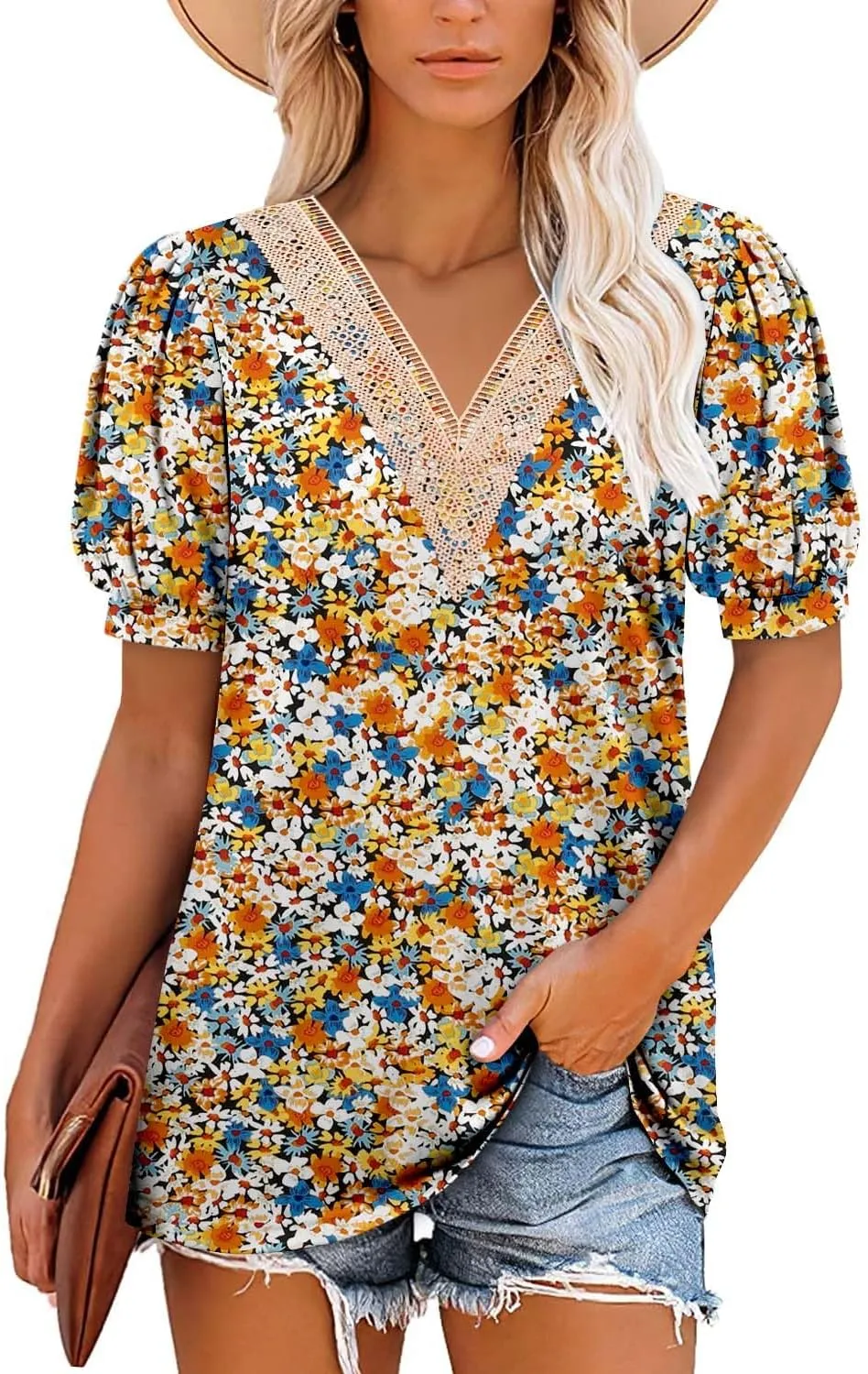 Angerella Short Sleeve Lace V Neck Shirts for Women Floral Print Tunic Tops Blouses