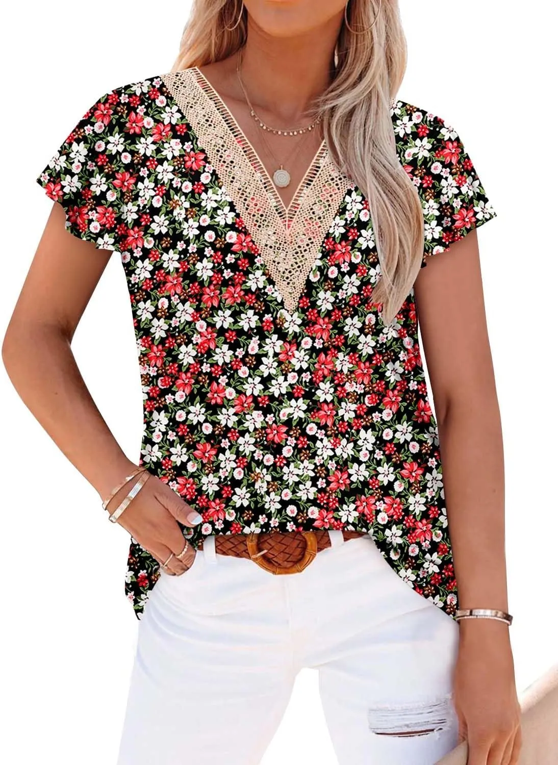 Angerella Short Sleeve Lace V Neck Shirts for Women Floral Print Tunic Tops Blouses