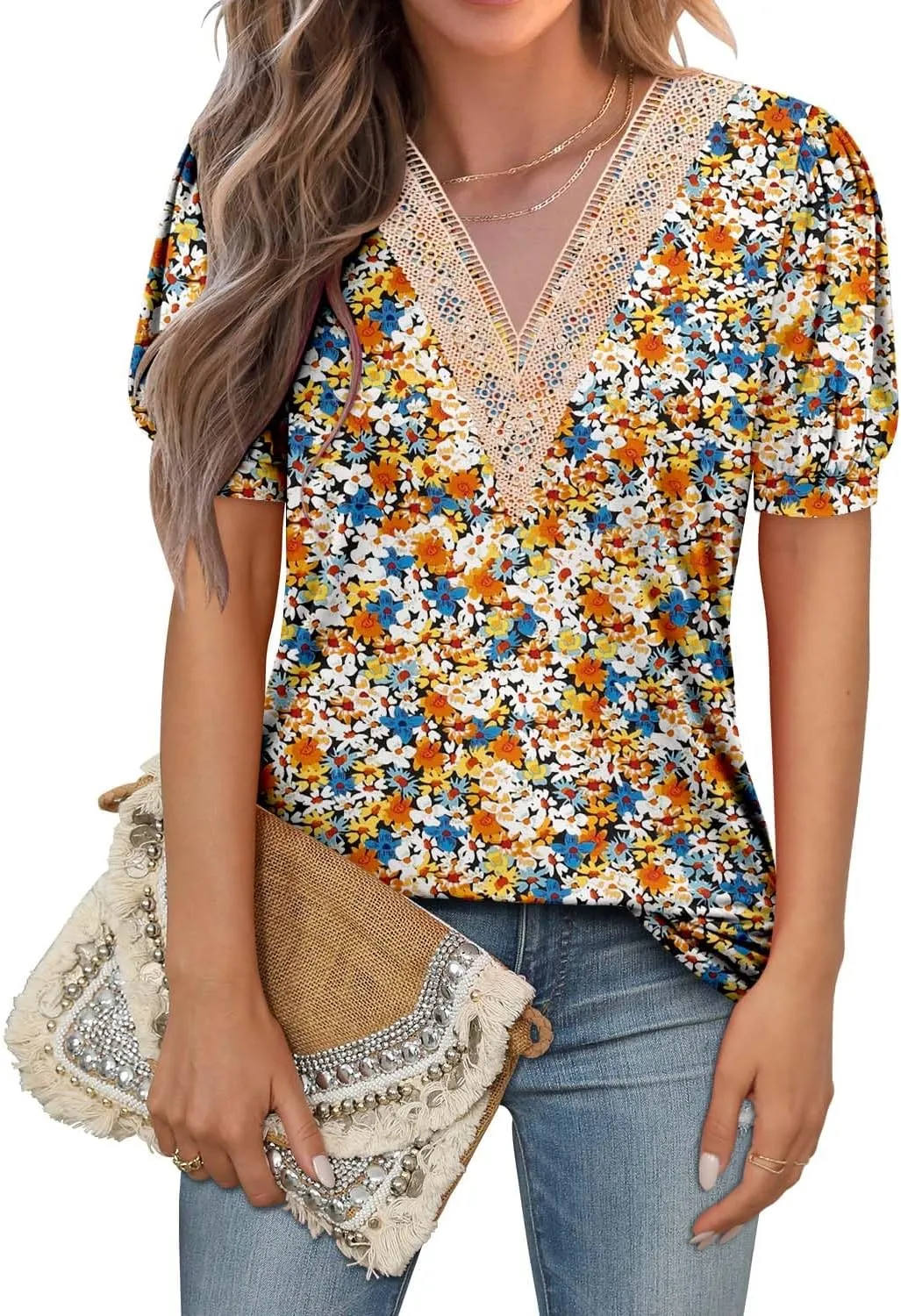 Angerella Short Sleeve Lace V Neck Shirts for Women Floral Print Tunic Tops Blouses