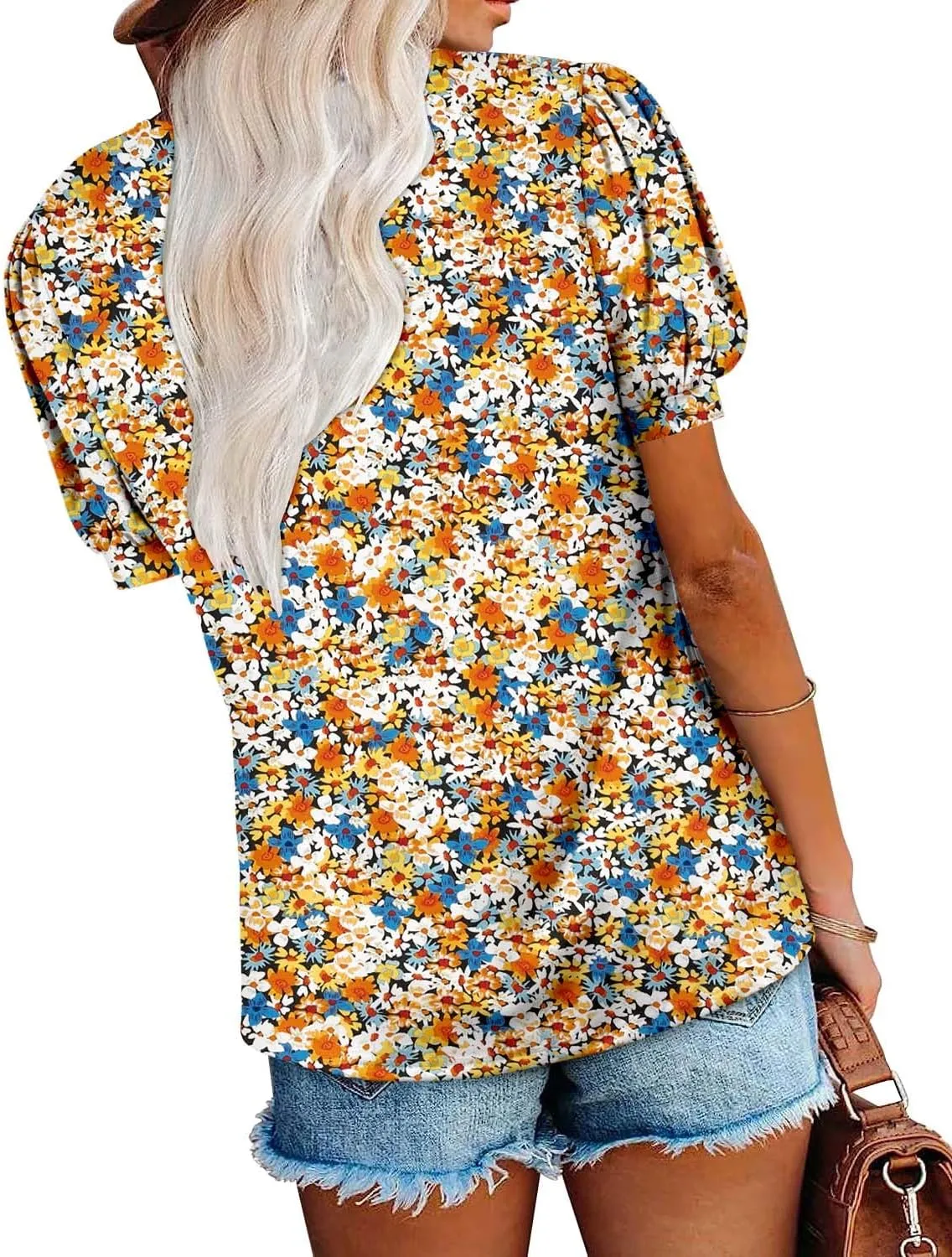 Angerella Short Sleeve Lace V Neck Shirts for Women Floral Print Tunic Tops Blouses