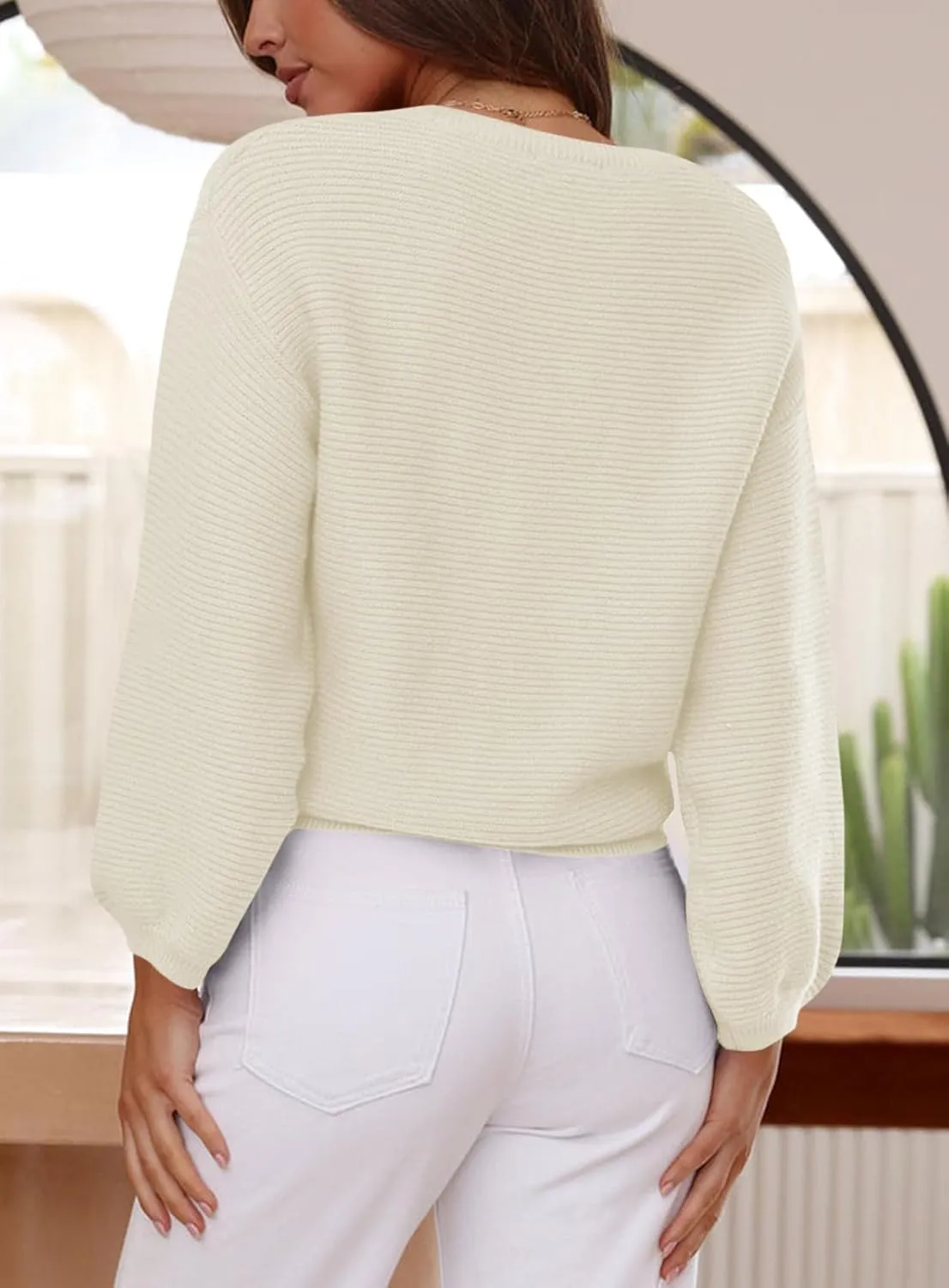 ARTFREE Womens Ribbed Knit Crewneck Sweater Lantern Sleeve Casual Loose Stretchy Solid Fall Winter Sweaters Pullover Tops