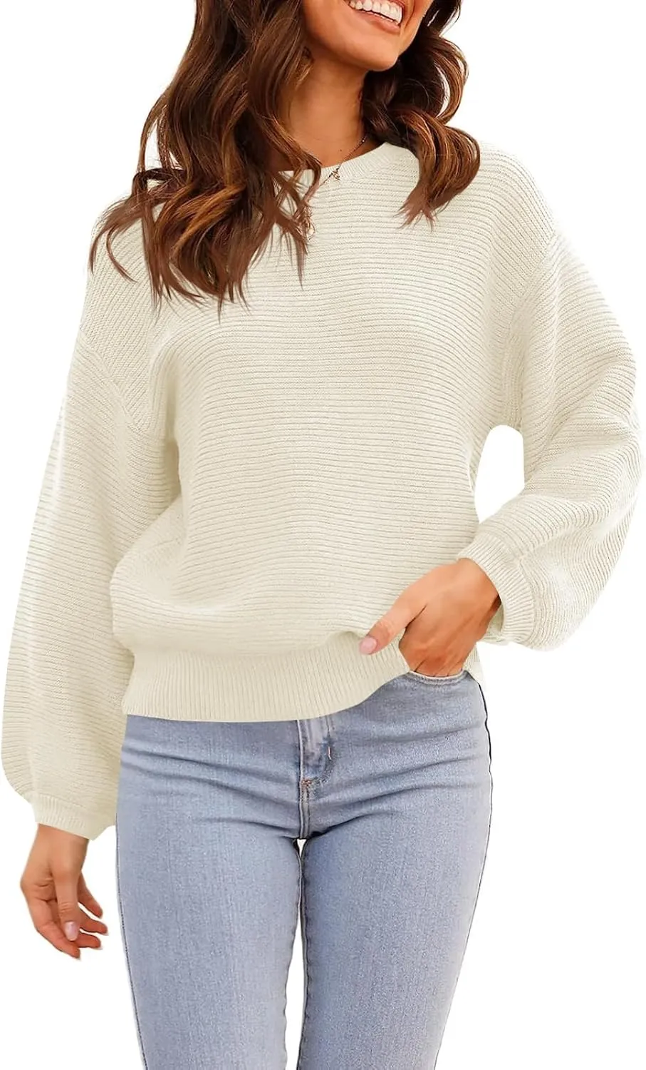 ARTFREE Womens Ribbed Knit Crewneck Sweater Lantern Sleeve Casual Loose Stretchy Solid Fall Winter Sweaters Pullover Tops