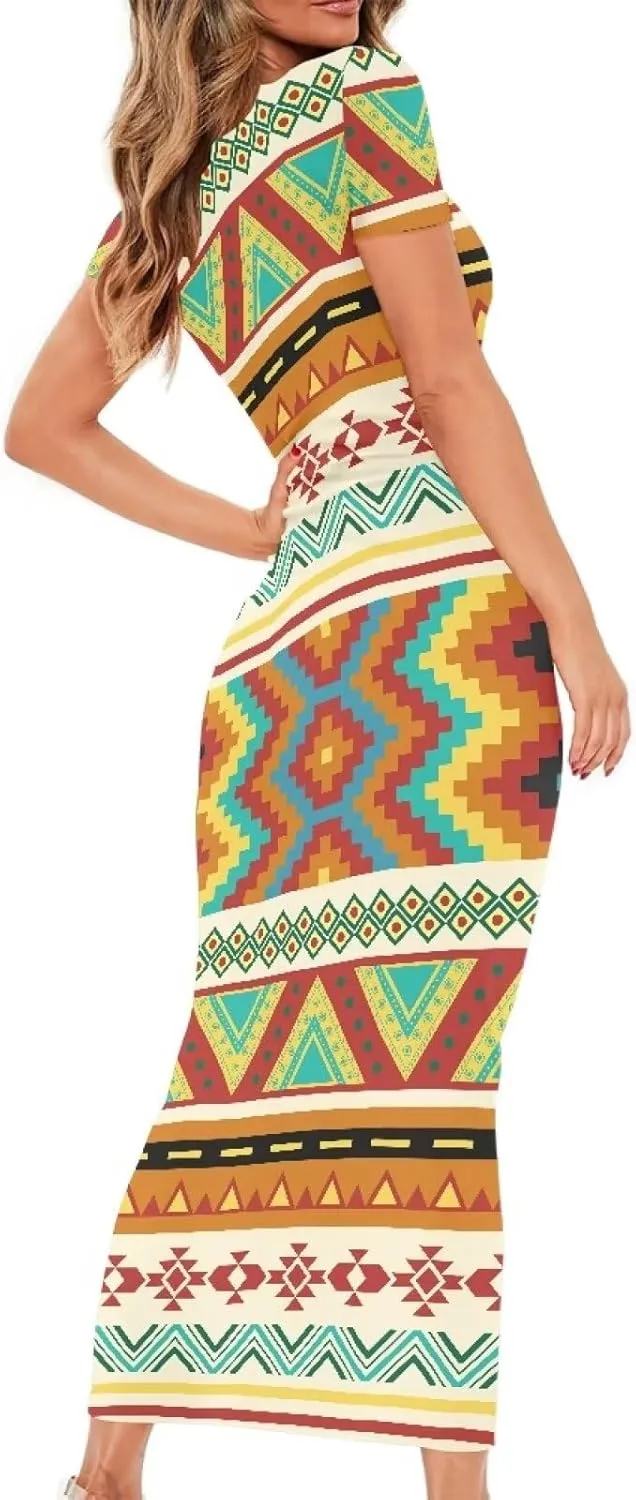 Aztec High Waist Midi Skirt Traditional Tribal Patterns Long Dress Short Sleeve Women Plus Size Crew Neck Dress