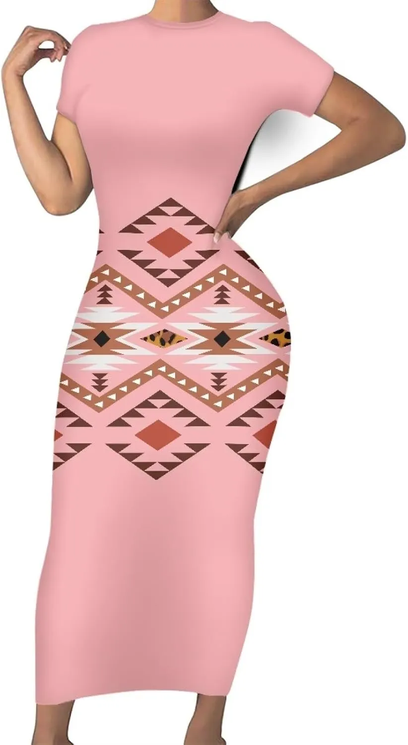 Aztec High Waist Midi Skirt Traditional Tribal Patterns Long Dress Short Sleeve Women Plus Size Crew Neck Dress