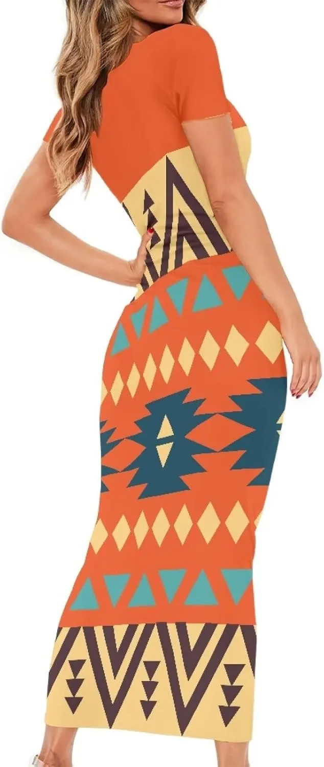 Aztec High Waist Midi Skirt Traditional Tribal Patterns Long Dress Short Sleeve Women Plus Size Crew Neck Dress