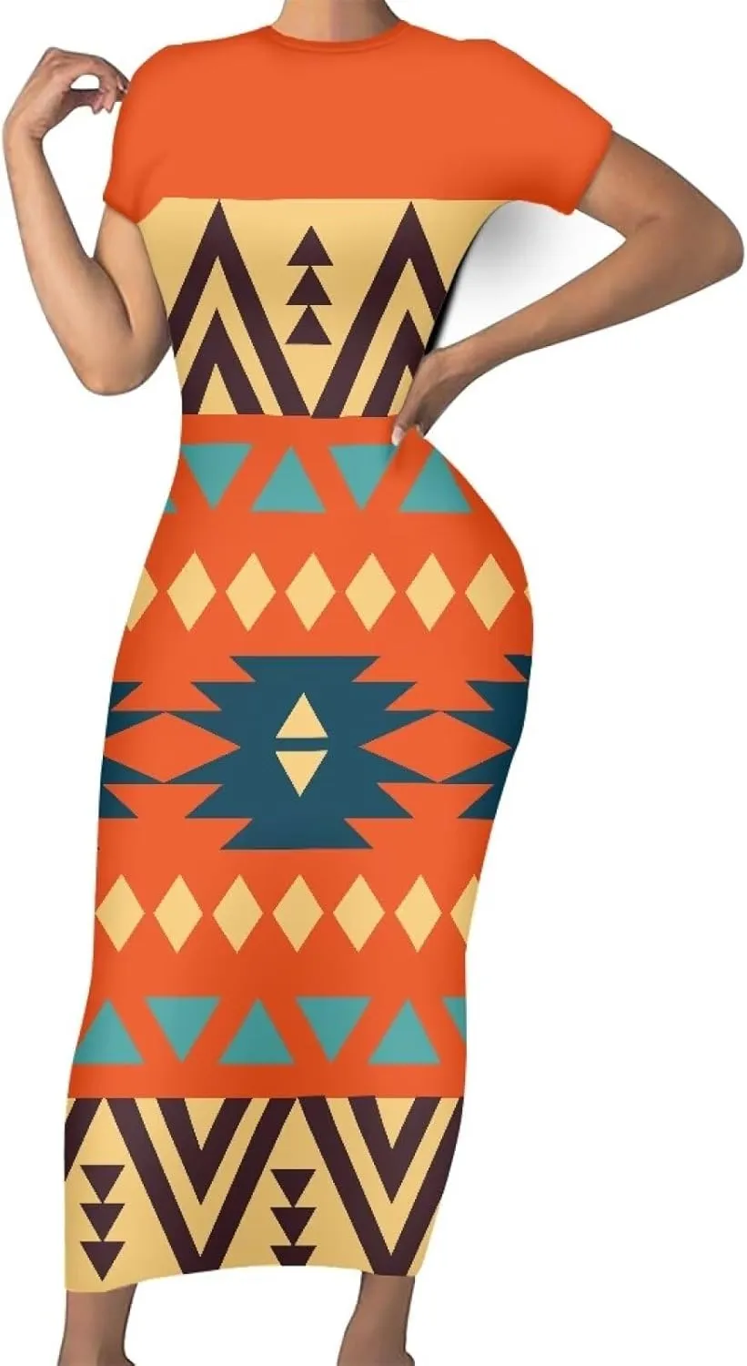 Aztec High Waist Midi Skirt Traditional Tribal Patterns Long Dress Short Sleeve Women Plus Size Crew Neck Dress