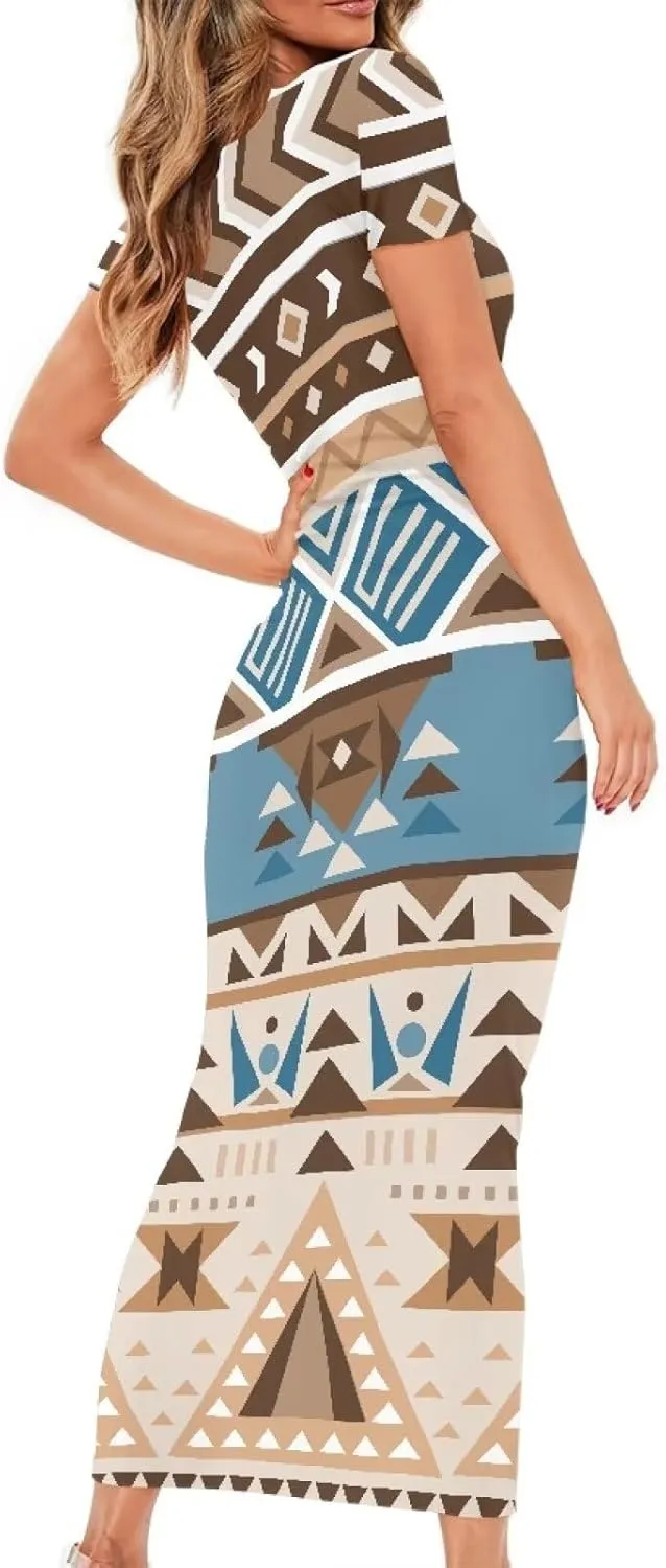 Aztec High Waist Midi Skirt Traditional Tribal Patterns Long Dress Short Sleeve Women Plus Size Crew Neck Dress
