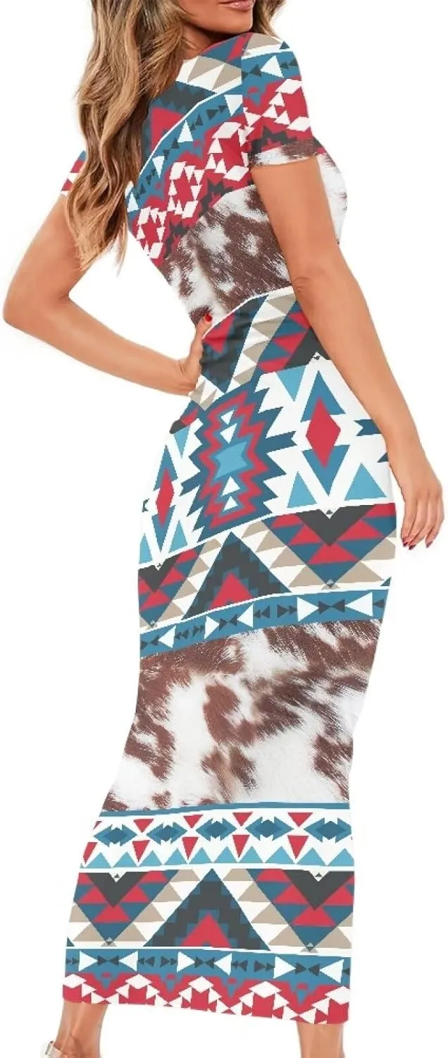 Aztec High Waist Midi Skirt Traditional Tribal Patterns Long Dress Short Sleeve Women Plus Size Crew Neck Dress
