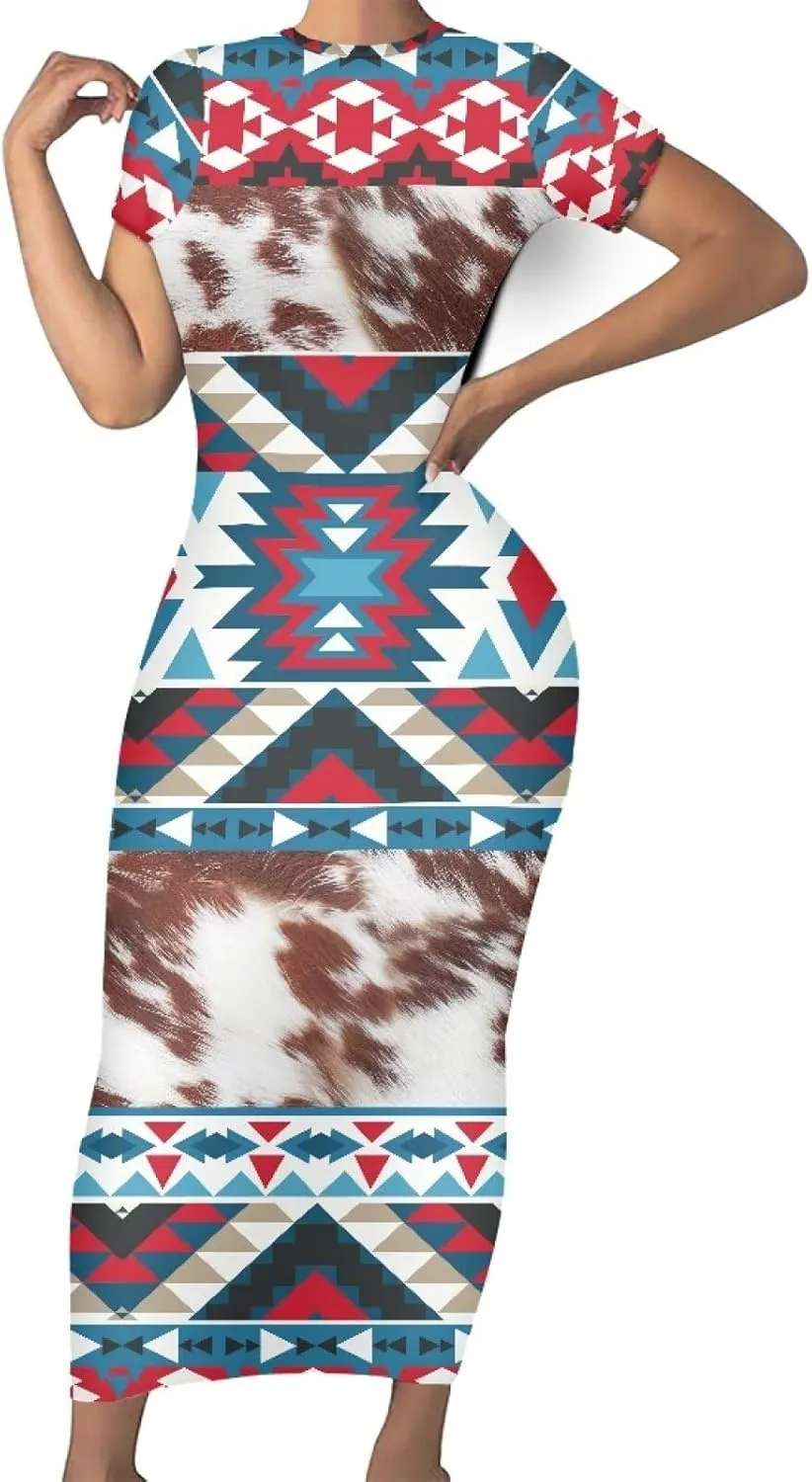 Aztec High Waist Midi Skirt Traditional Tribal Patterns Long Dress Short Sleeve Women Plus Size Crew Neck Dress