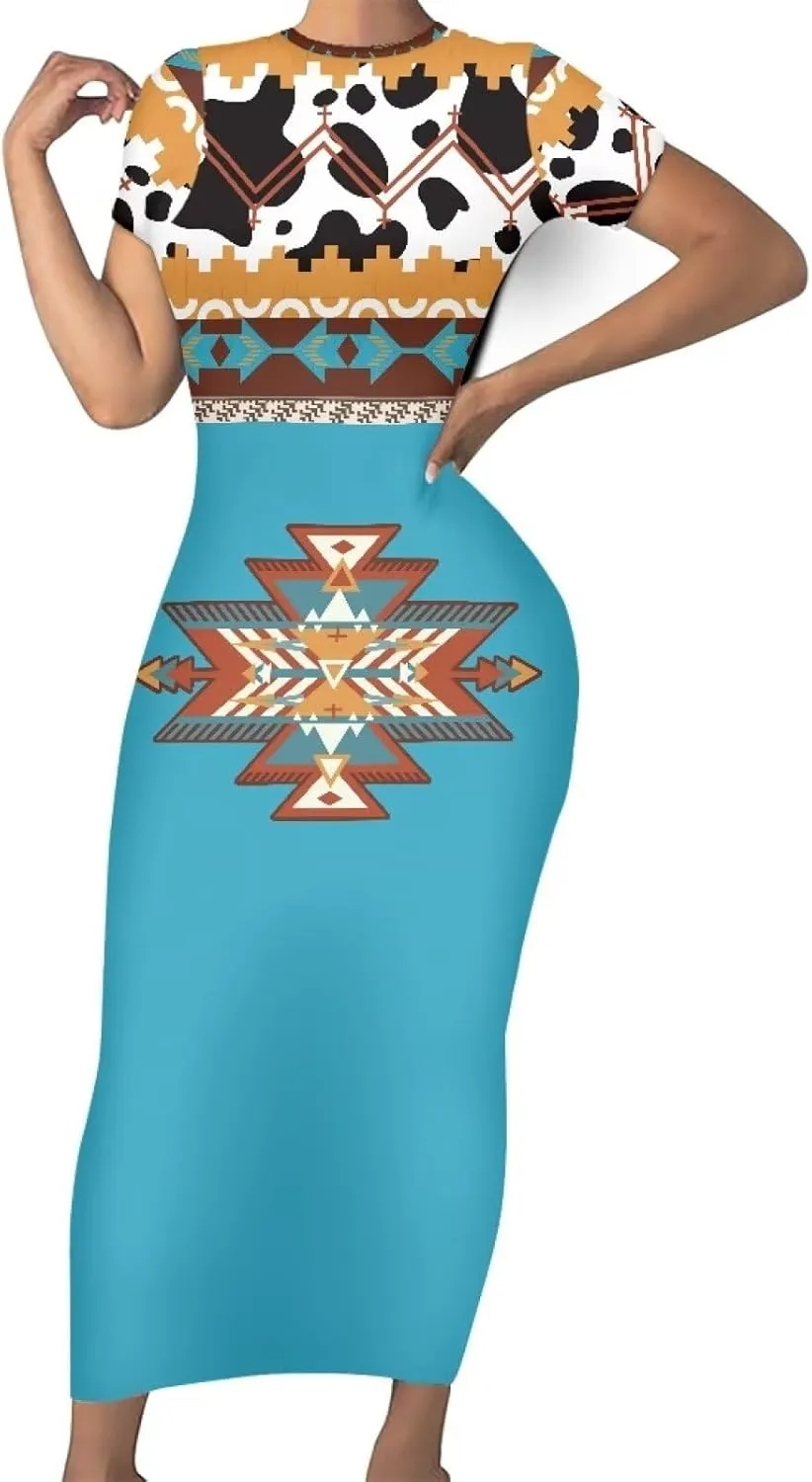 Aztec High Waist Midi Skirt Traditional Tribal Patterns Long Dress Short Sleeve Women Plus Size Crew Neck Dress