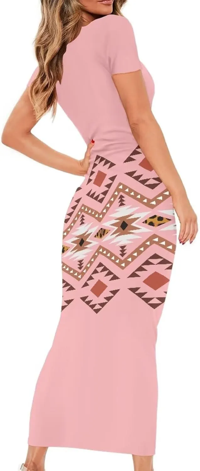 Aztec High Waist Midi Skirt Traditional Tribal Patterns Long Dress Short Sleeve Women Plus Size Crew Neck Dress