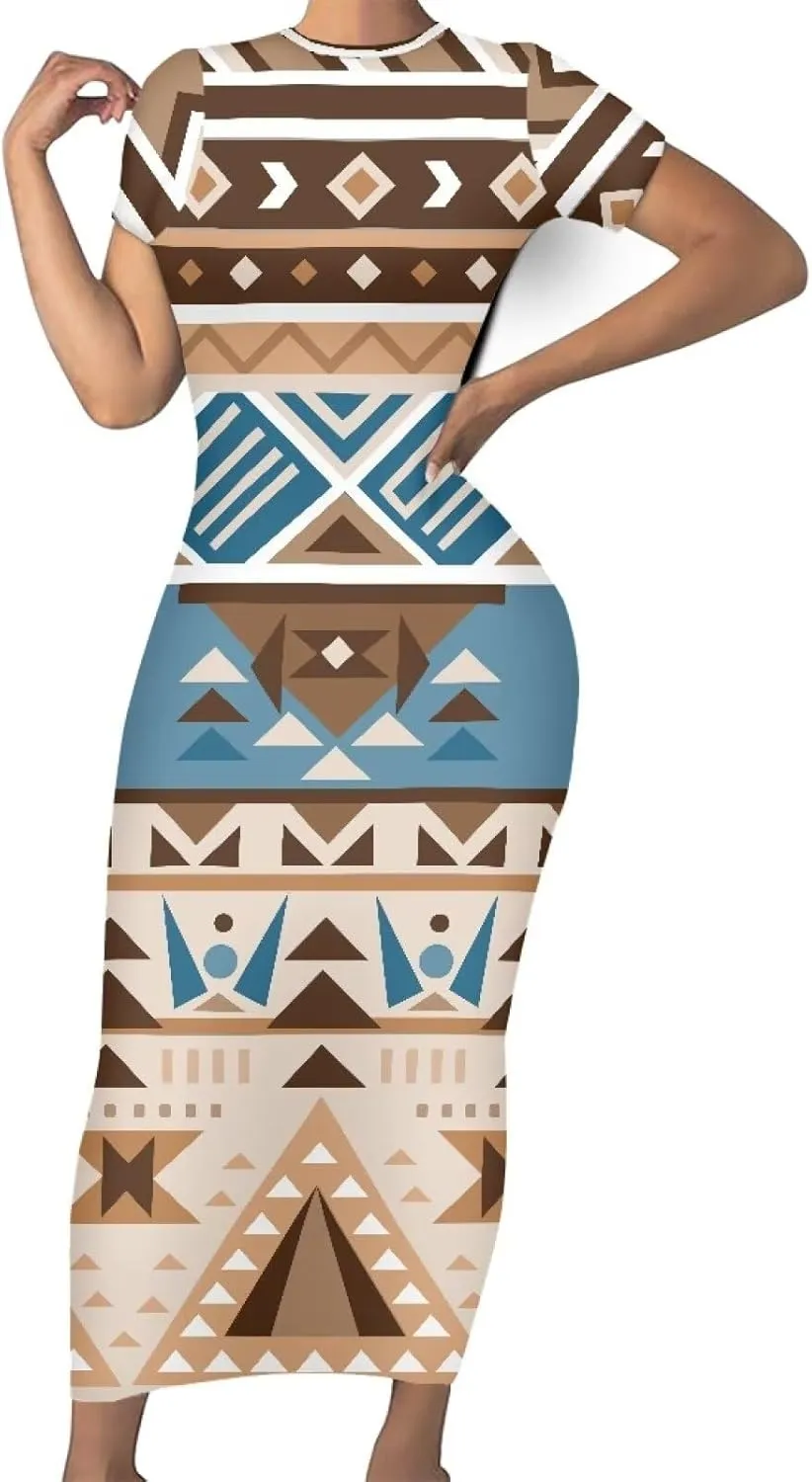 Aztec High Waist Midi Skirt Traditional Tribal Patterns Long Dress Short Sleeve Women Plus Size Crew Neck Dress