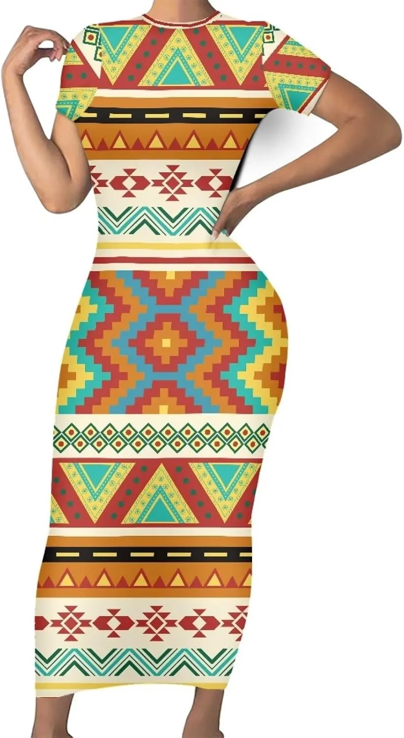 Aztec High Waist Midi Skirt Traditional Tribal Patterns Long Dress Short Sleeve Women Plus Size Crew Neck Dress