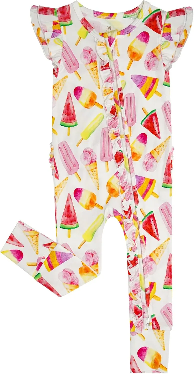 Baby Girl Bamboo Viscose Ruffle Romper Zipper Jumpsuit, Footless, Cap Sleeve Infant Clothes