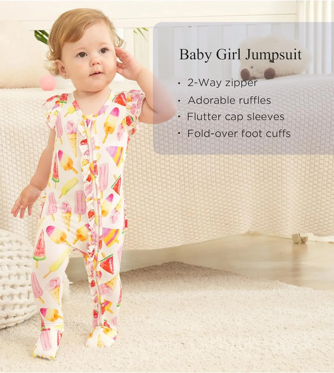 Baby Girl Bamboo Viscose Ruffle Romper Zipper Jumpsuit, Footless, Cap Sleeve Infant Clothes