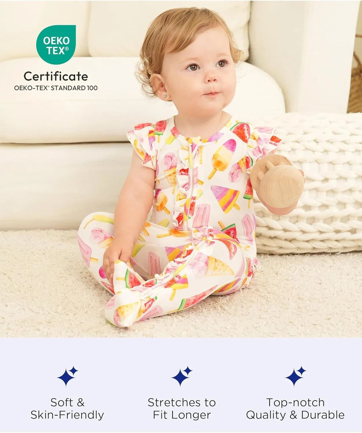 Baby Girl Bamboo Viscose Ruffle Romper Zipper Jumpsuit, Footless, Cap Sleeve Infant Clothes