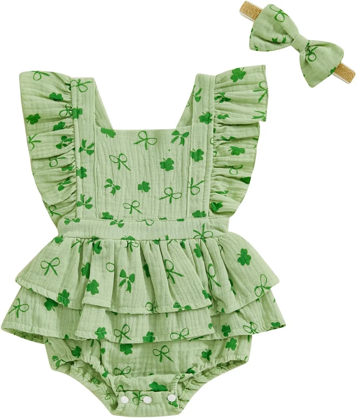 Baby Girls Flutter Sleeve Ruffles Layered Romper Dress Cute Patterns Printed Holiday Outfit with Headband