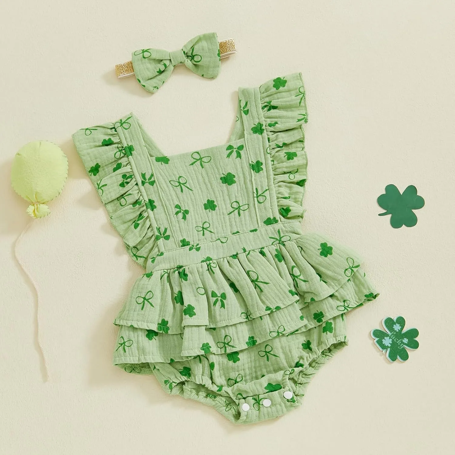 Baby Girls Flutter Sleeve Ruffles Layered Romper Dress Cute Patterns Printed Holiday Outfit with Headband