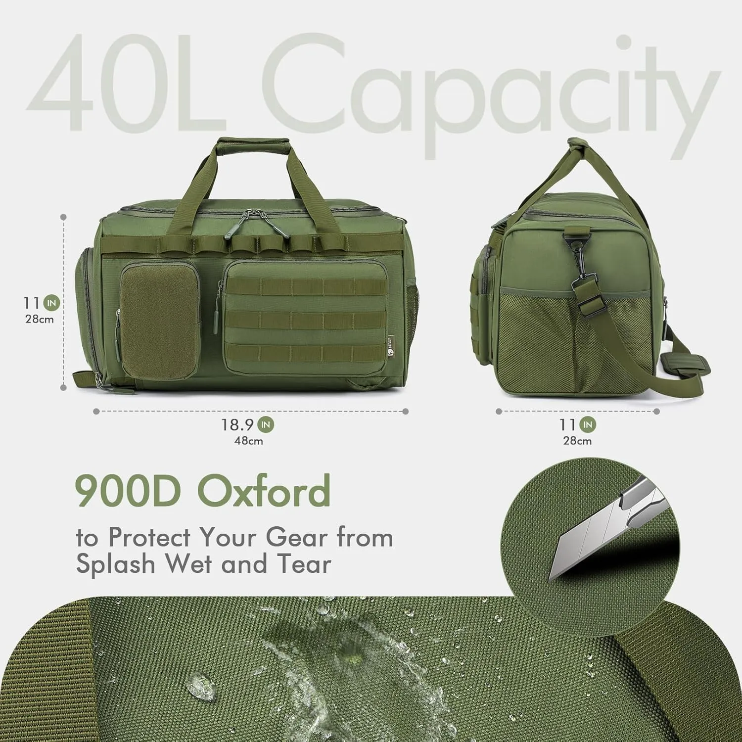 BAGZY Tactical Gym Bags for Men 3 In 1 Travel Duffle Bag 40L with Shoe Compartment Travel Backpack Fitness Weekender Deployment with 1pcs Tactical Toiletry Bag Green