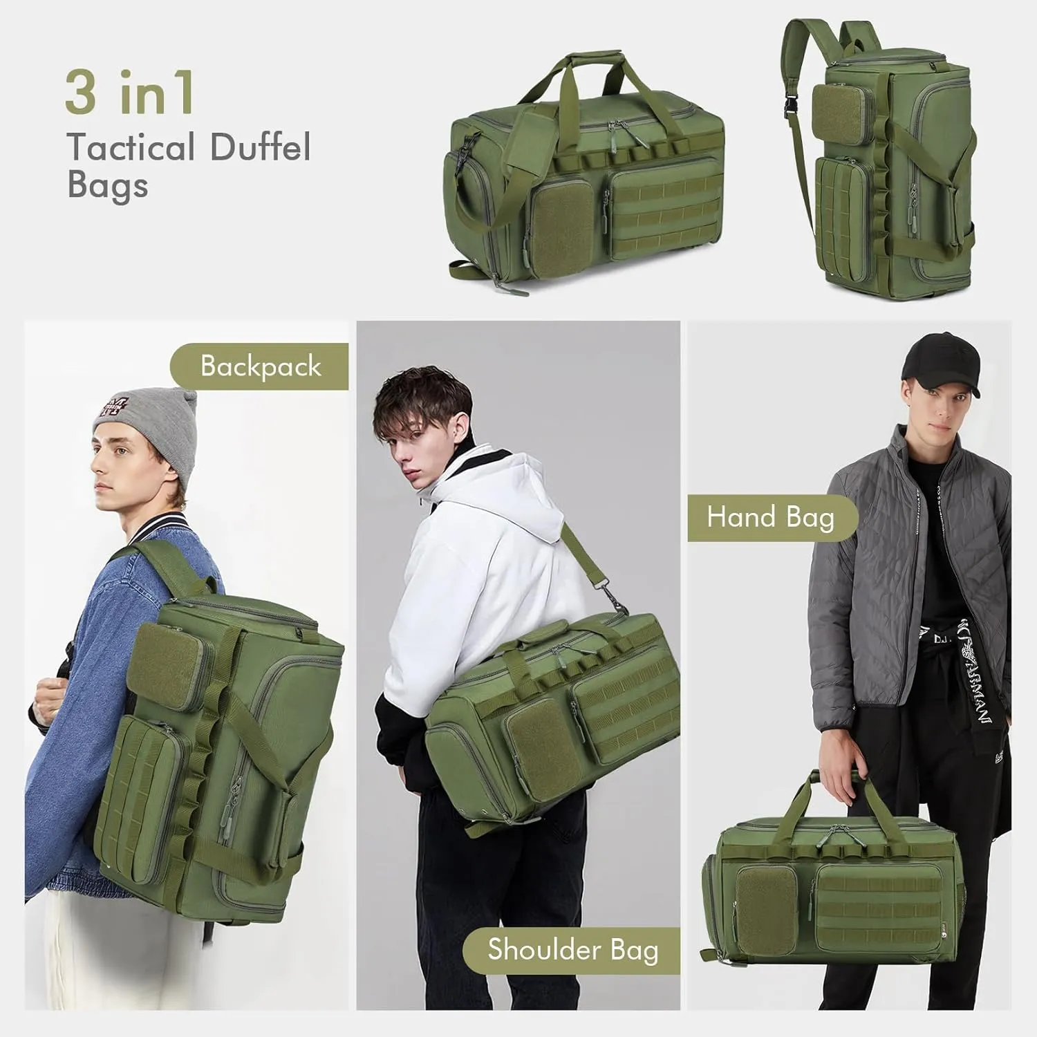 BAGZY Tactical Gym Bags for Men 3 In 1 Travel Duffle Bag 40L with Shoe Compartment Travel Backpack Fitness Weekender Deployment with 1pcs Tactical Toiletry Bag Green