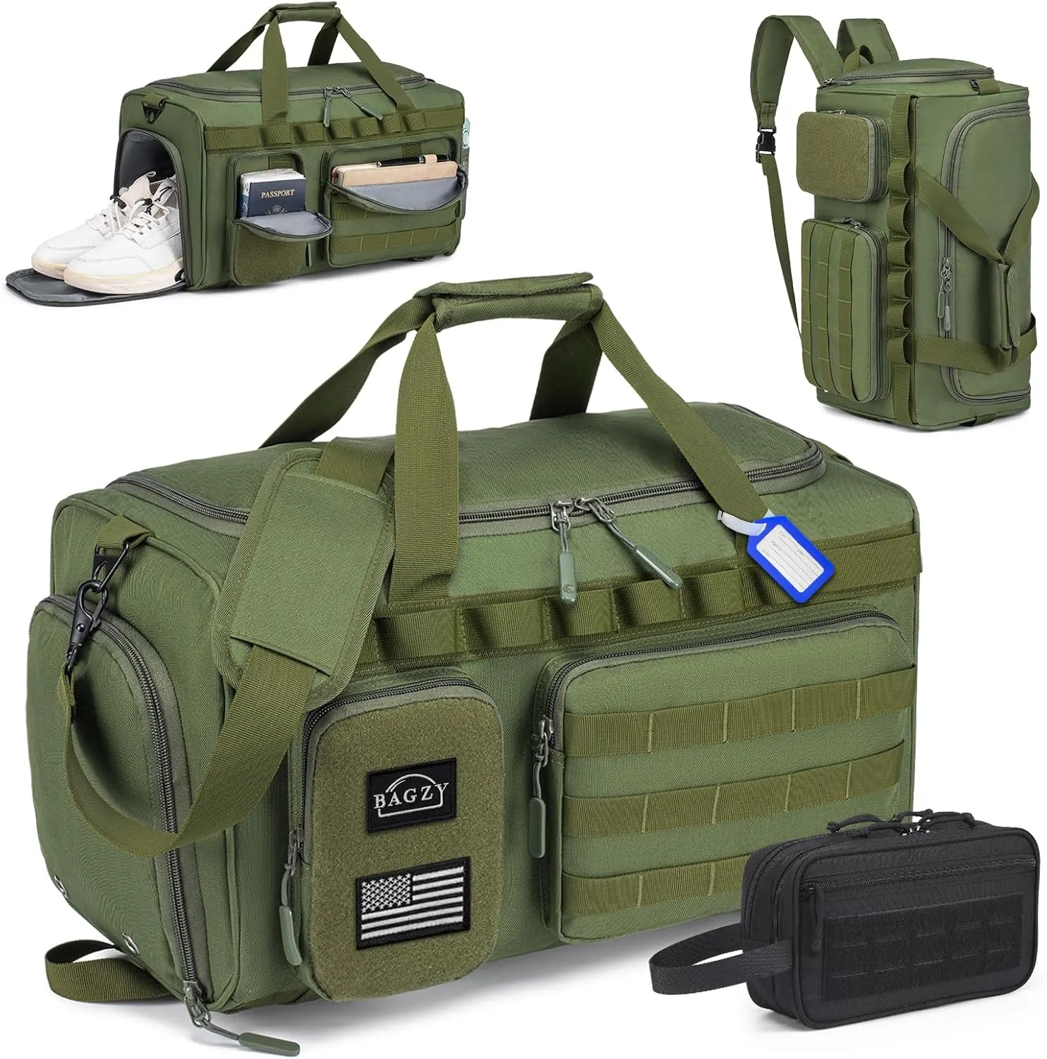 BAGZY Tactical Gym Bags for Men 3 In 1 Travel Duffle Bag 40L with Shoe Compartment Travel Backpack Fitness Weekender Deployment with 1pcs Tactical Toiletry Bag Green