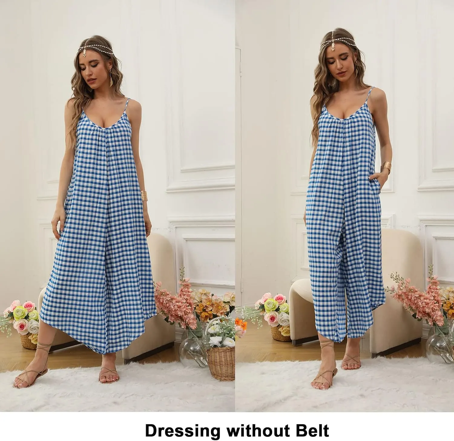 BALAMY Womens Jumpsuit Adjustable Spaghetti Strap Belted Wrap Wide Leg jumpsuits Long Romper with Pockets jumpsuits