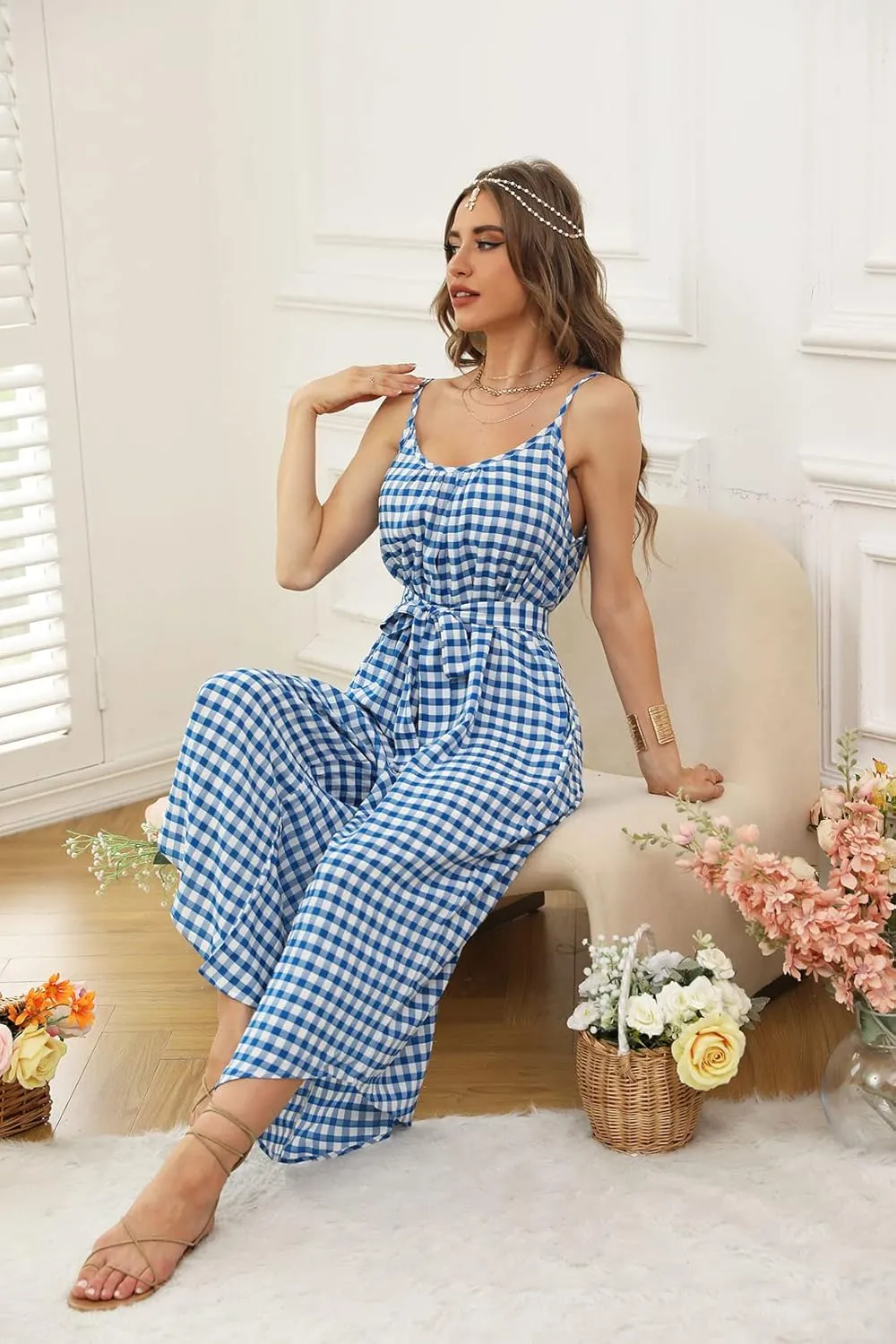 BALAMY Womens Jumpsuit Adjustable Spaghetti Strap Belted Wrap Wide Leg jumpsuits Long Romper with Pockets jumpsuits