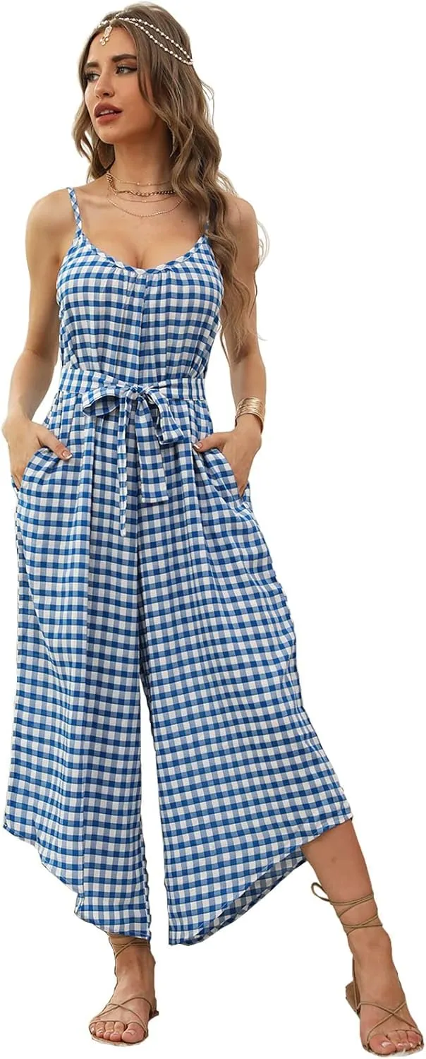 BALAMY Womens Jumpsuit Adjustable Spaghetti Strap Belted Wrap Wide Leg jumpsuits Long Romper with Pockets jumpsuits