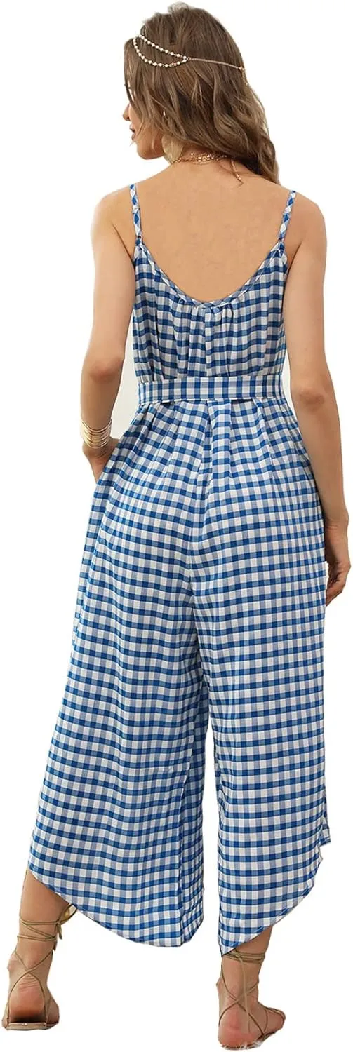BALAMY Womens Jumpsuit Adjustable Spaghetti Strap Belted Wrap Wide Leg jumpsuits Long Romper with Pockets jumpsuits