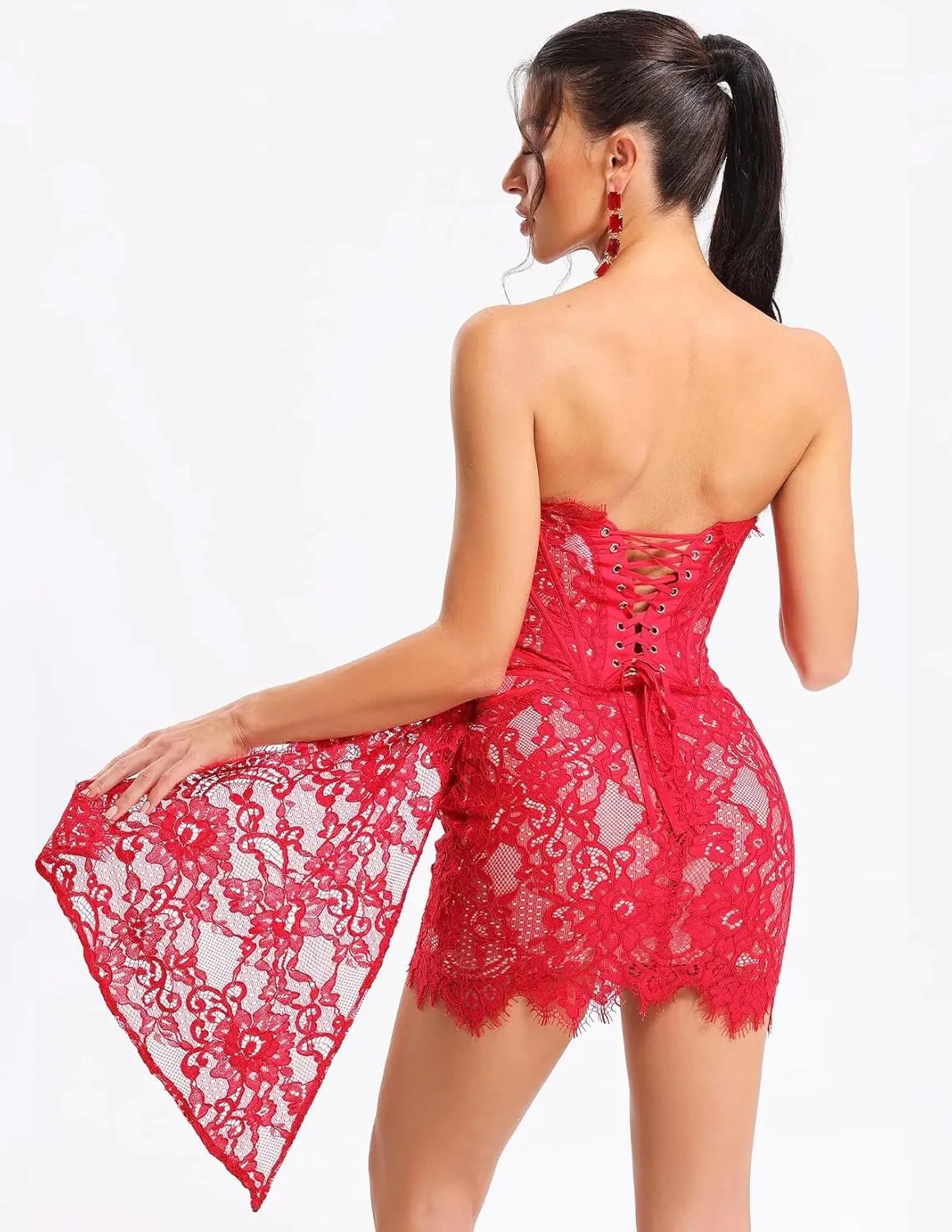 BELLA BARNETT Dark Red Sleeveless Streamer Lace Dress Mini Bodycon Corset Party Dress Sexy Cocktail Dress