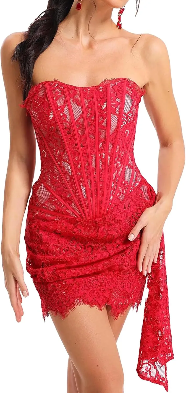 BELLA BARNETT Dark Red Sleeveless Streamer Lace Dress Mini Bodycon Corset Party Dress Sexy Cocktail Dress