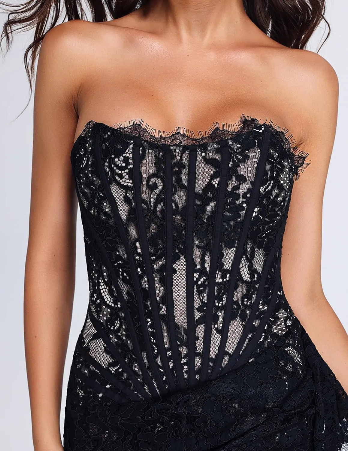 BELLA BARNETT Dark Red Sleeveless Streamer Lace Dress Mini Bodycon Corset Party Dress Sexy Cocktail Dress