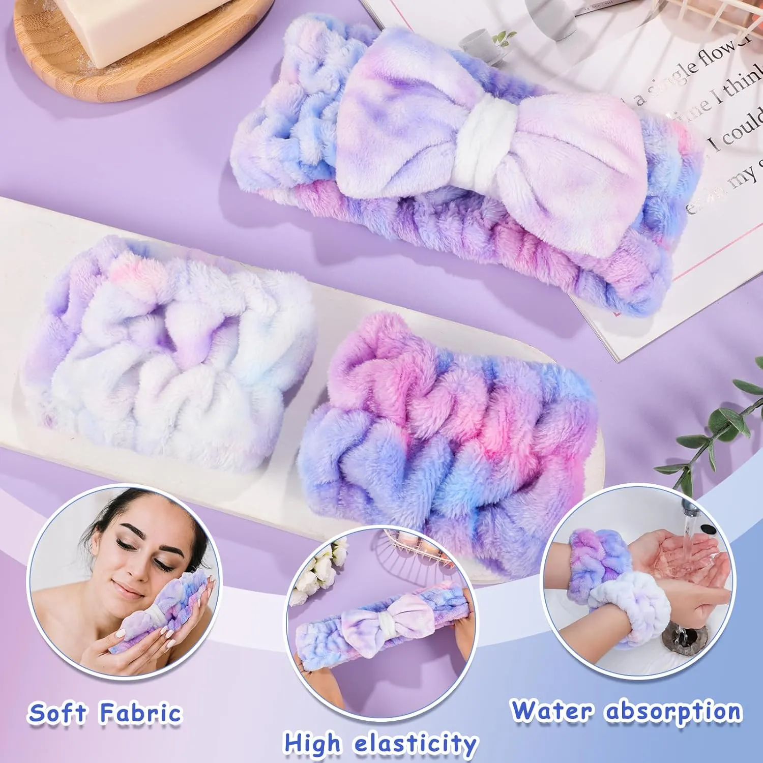 BESARME 3-Piece Face Wash Set - Headband & Wristband, Spa Towel Headband for Women's Skin Care (Gradient Purple)