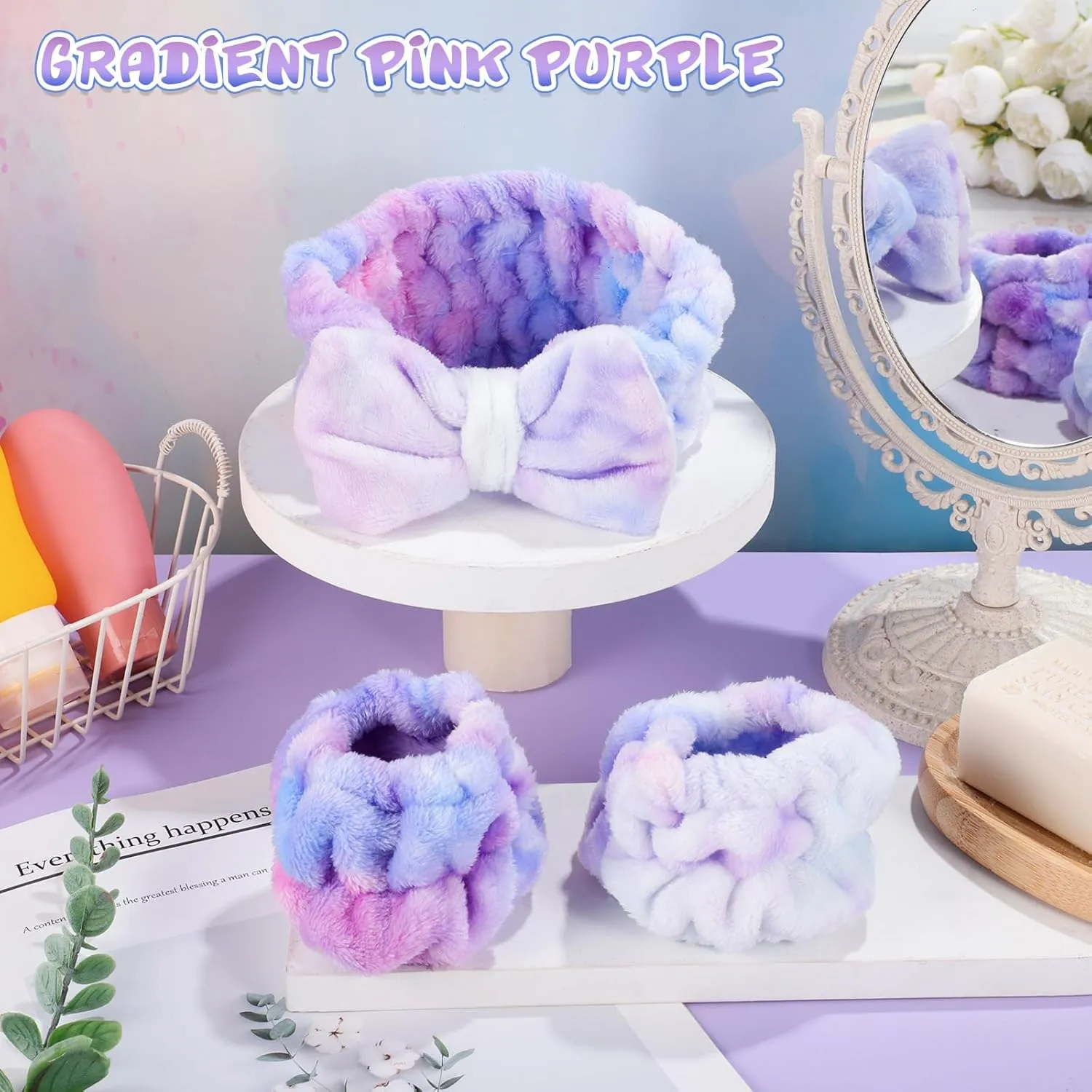 BESARME 3-Piece Face Wash Set - Headband & Wristband, Spa Towel Headband for Women's Skin Care (Gradient Purple)