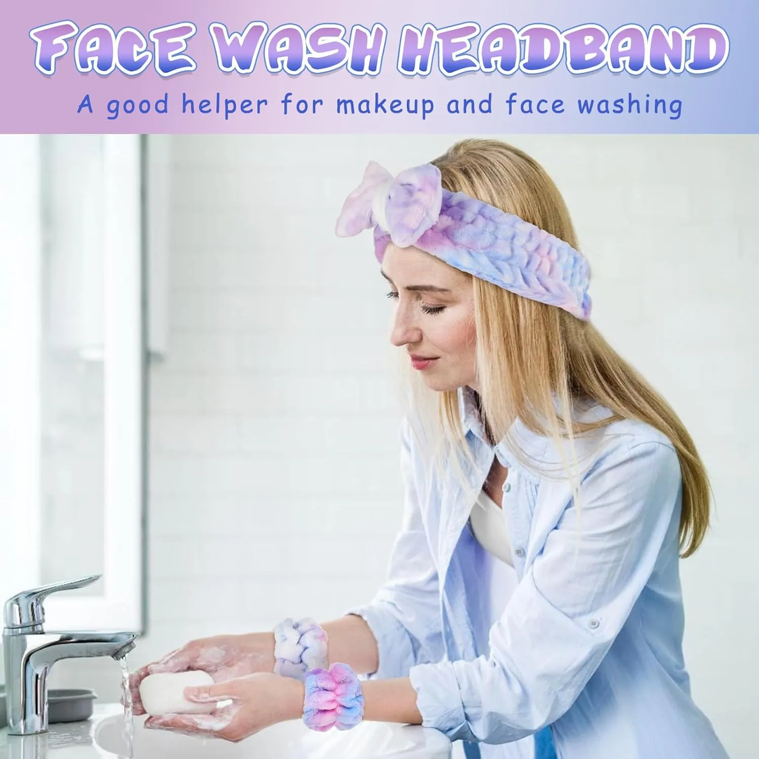 BESARME 3-Piece Face Wash Set - Headband & Wristband, Spa Towel Headband for Women's Skin Care (Gradient Purple)